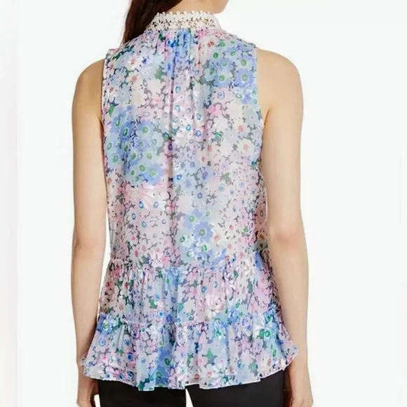 KATE SPADE Silk Lace Devore Blouse WOMEN'S L Pink Daisy Floral Romantic Ruffles - Picture 9 of 16